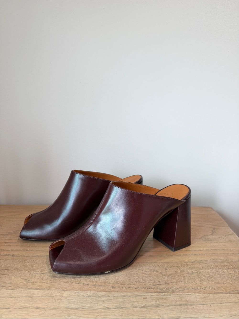 Sezane Open-Toe Mule Heels in Wine